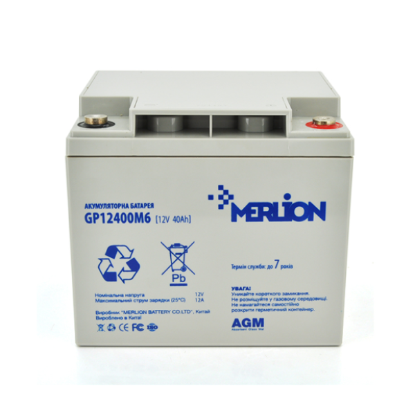 Акумуляторная батарея MERLION AGM GP12400M6 12 V 40 Ah ( 196 x 165 x 175 ), 11.9 kg, Grey, Q1/96