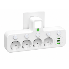 Сетевой адаптер 8625UL с ночником, 4 розетки EU, 2 USB + USB-C PD, 2500 Вт, с заземлением и индивидуальными выключателями