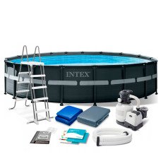 Каркасний басейн Intex 26330 Ultra XTR Frame Ø549×132 см з пісочним фільтр-насосом, сходами, тентом та підстилкою