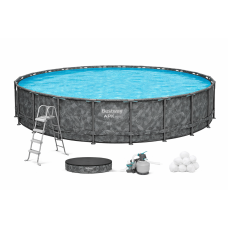 Каркасный бассейн Bestway 561JZ круглый 671×132 см, песочный фильтр-насос, лестница, тент, наполнитель Polysphere