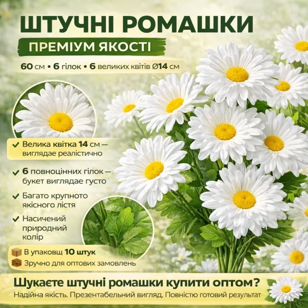 Искусственній букет ромашек т-6 текстильній, 6 голов (10 шт.)