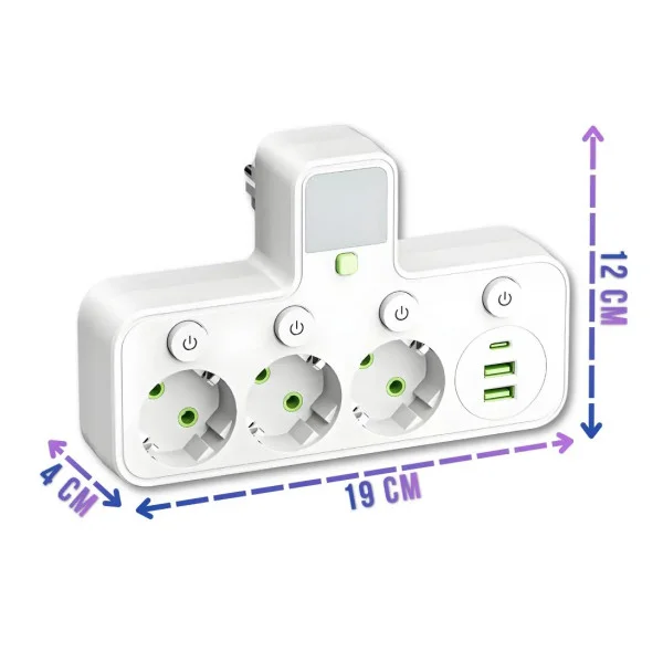 Сетевой фильтр-разветвитель J24U с ночником, 3 розетки и USB/Type-C