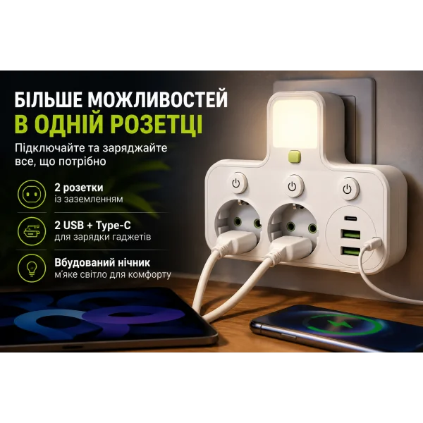 Сетевой фильтр-разветвитель с ночником, 2 розетки EU и USB/Type-C