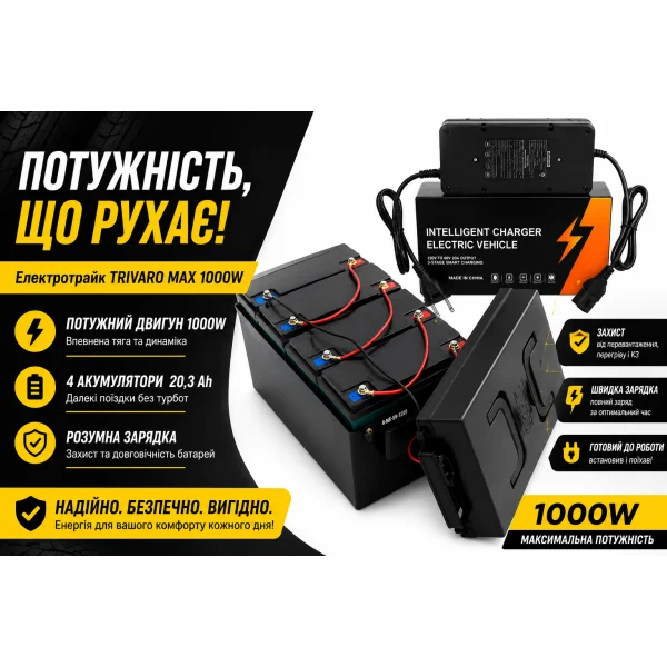 Электротрайк TRIVARO MAX 1000W с багажником и пассажирскими сиденьями