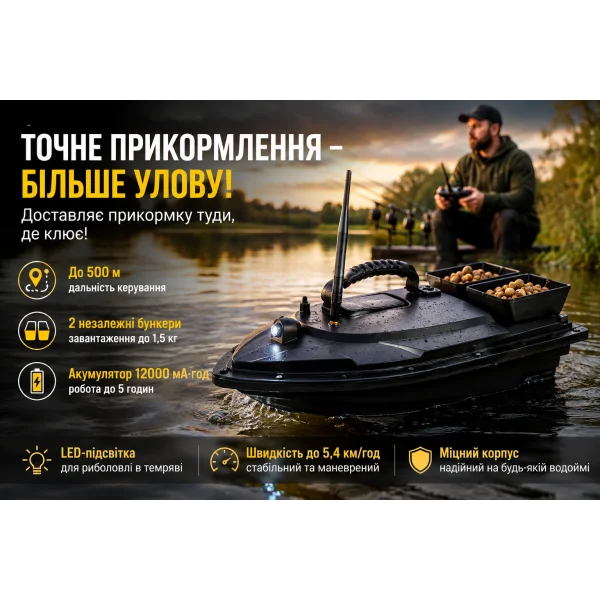 Радиоуправляемый кораблик для прикормки с двумя бункерами и подсветкой 12000 мА·ч