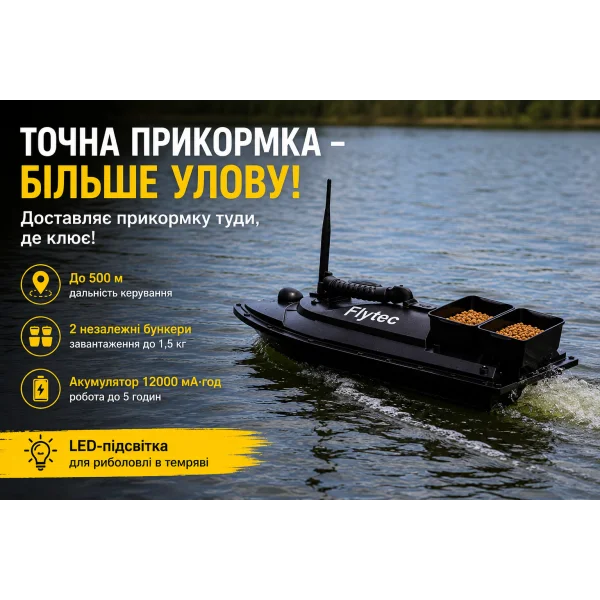 Радиоуправляемый кораблик для прикормки с двумя бункерами и подсветкой 12000 мА·ч