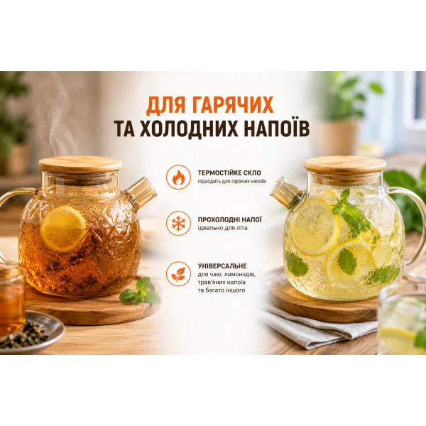 Чайник заварочный 1 л с бамбуковой крышкой стеклянный CH-1000ML