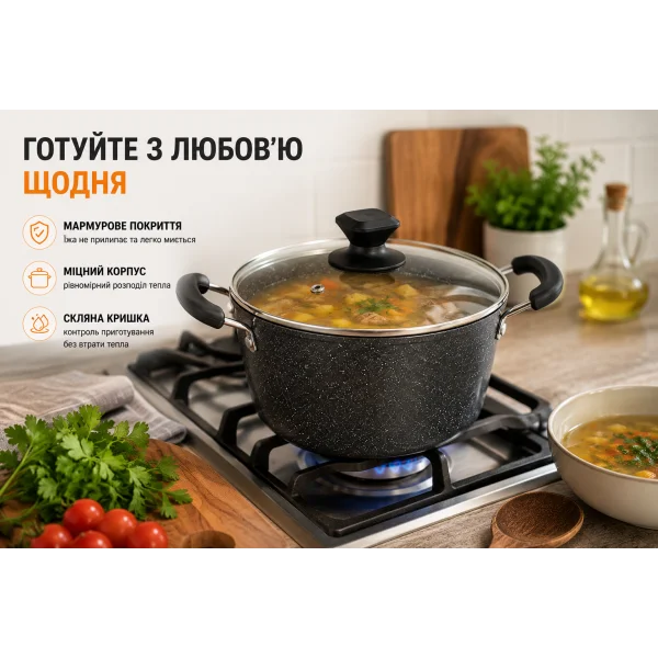Кастрюля 4 л 24 см Hot Chef 16749-8 с мраморным антипригарным покрытием и крышкой