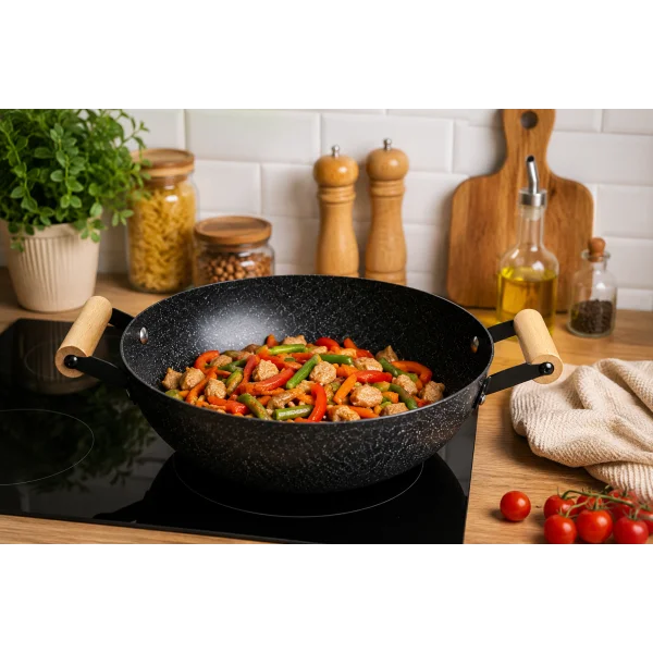 Сковорода WOK 24 см с мраморным покрытием и деревянными ручками Hot Chef 16749-13
