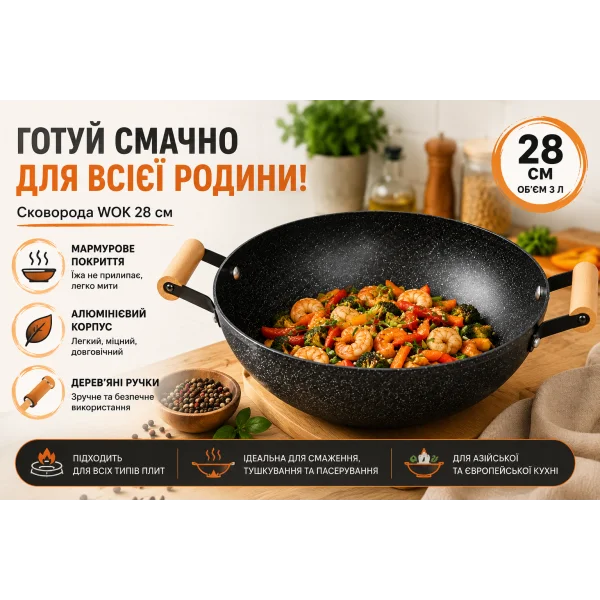 Сковорода WOK 28 см с мраморным покрытием и деревянными ручками Hot Chef 16749-14