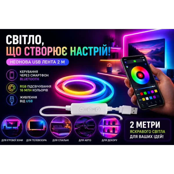 Неоновая USB лента 2 м RGB с управлением через телефон Bluetooth SFK-11