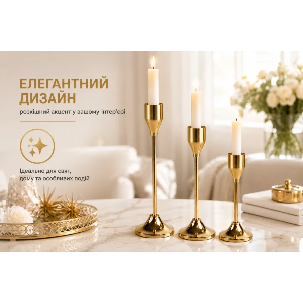 Набор металлических подсвечников для столовых свечей 3 шт золотой 415-4