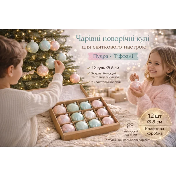 Набор новогодних шаров 12 шт 8 см пудра/тіфані Dashuri — елочные шары премиум, микс глянцевые и блестящие, декор на елку, подарочный набор в крафтовой коробке