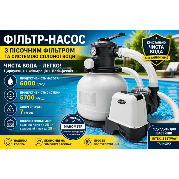 Пісочний фільтр-насос 6000 л/год з хлоргенератором для басейну Intex та Bestway
