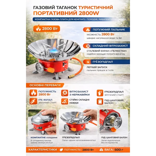 Портативная газовая плита туристическая 2800 Вт таганок для кемпинга и пикника с пьезоподжигом, ветрозащитой и подключением к цанговому баллону