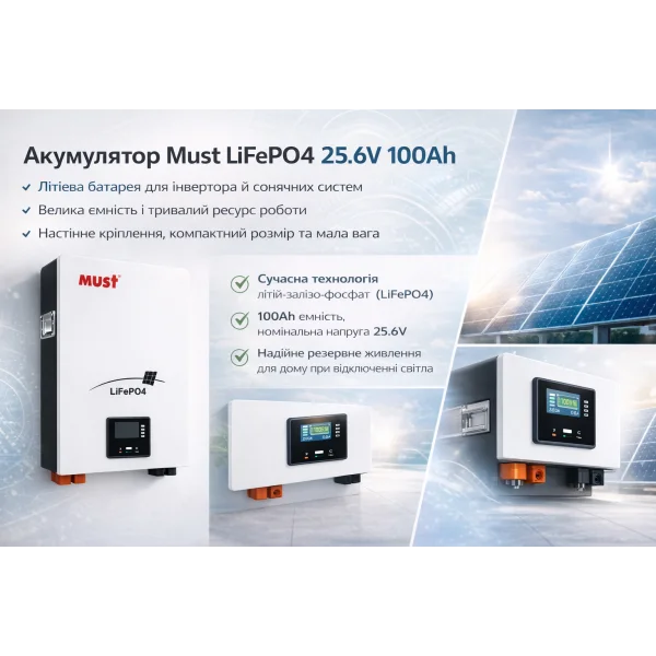 Аккумулятор MUST LiFePO4 25.6V 100Ah (24V)