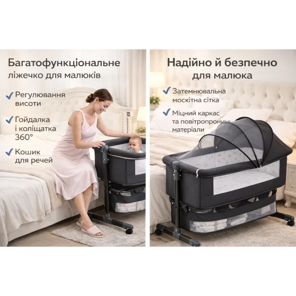 Ліжечко-трансформер для немовлят 3-в-1 із функцією заколисування, сповивальним столиком та захисною сіткою