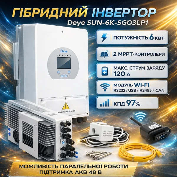 Гібридний інвертор (hybrid) Deye SUN-6K-SG05LP1-EU WI-FI, 6 кВт, однофазний, (МРРТ 125-425/120А/DC48В)Parallel