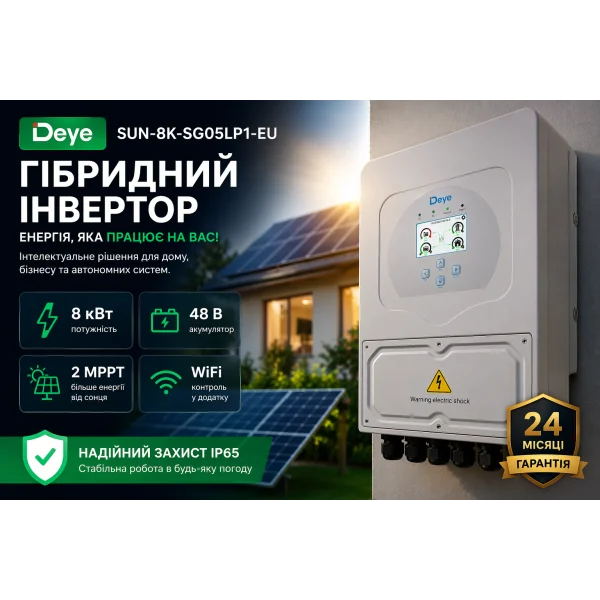 Купити гібридний інвертор Deye SUN-8K-SG05LP1-EU 8 кВт | однофазний, MPPT, WiFi, 48В для сонячної електростанції