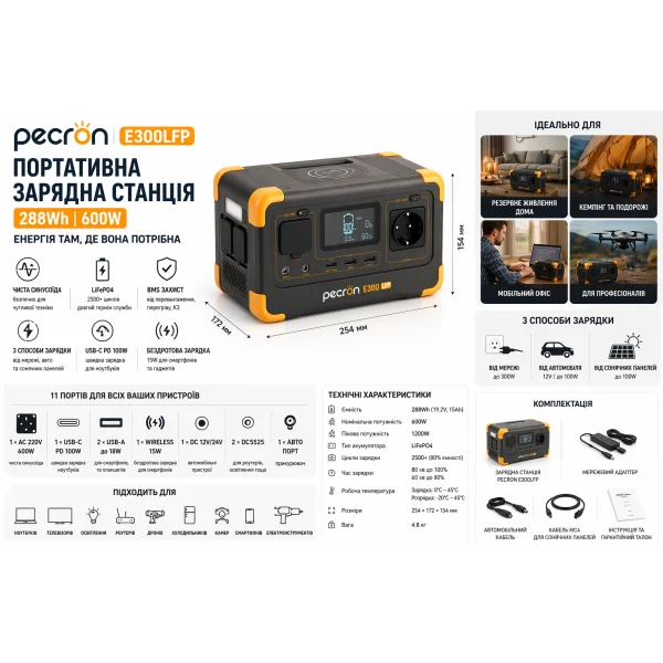 Зарядная станция Pecron E300LFP 288Wh 600W LiFePO4 портативная электростанция