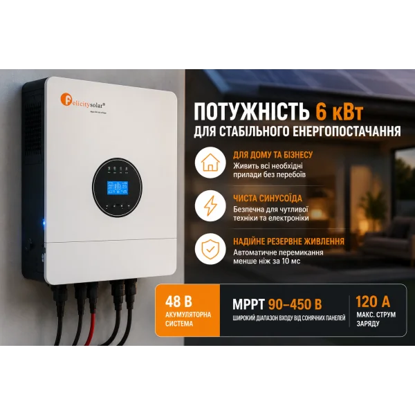 Гібридний інвертор Felicity IVEM6048-II (Gen Port) 6 кВт 48 В MPPT 90–450 В 120 А