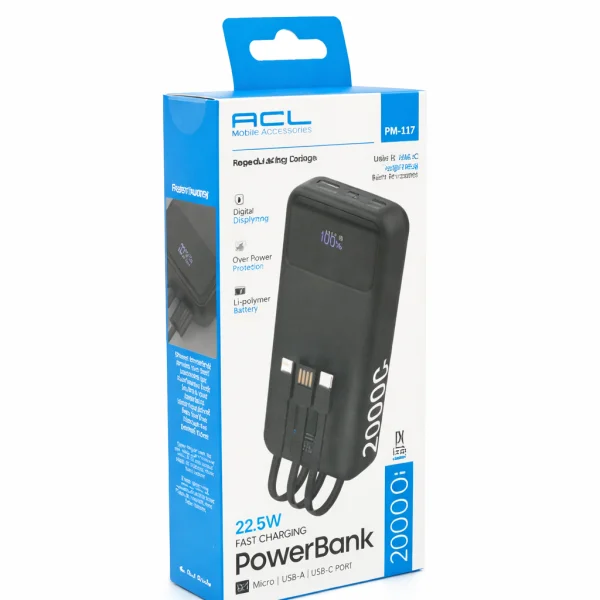 Powerbank ACL PW-117 20000mAh, PD22.5W, 1xUSB+2xUSB-C, 3 кабеля(USBType-C/Lighting), 0.47кг, Black/White, Box