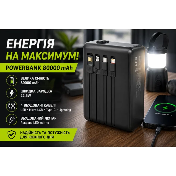 Powerbank ACL PW-152 80000 mAh 22.5W з 4 вбудованими кабелями та ліхтарем