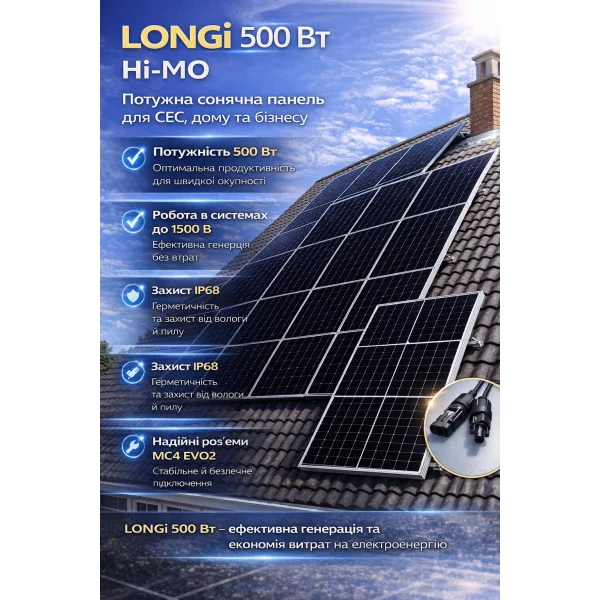 Солнечная панель LONGi 500 Вт Hi-MO LR5-66HIH-500M Silver Frame