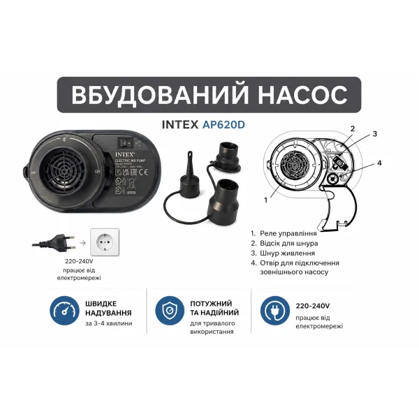 Надувная кровать Intex 64136 Dura-Beam Plus со встроенным электронасосом 152х203х42 см
