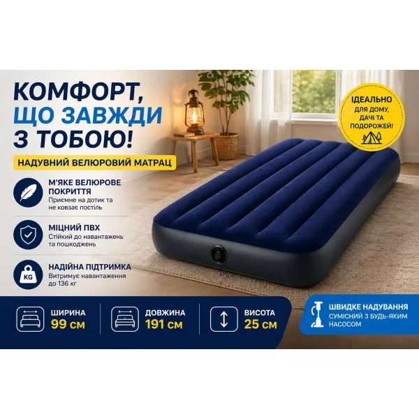 Велюровый надувной матрас Intex 64757 99×191×25 см