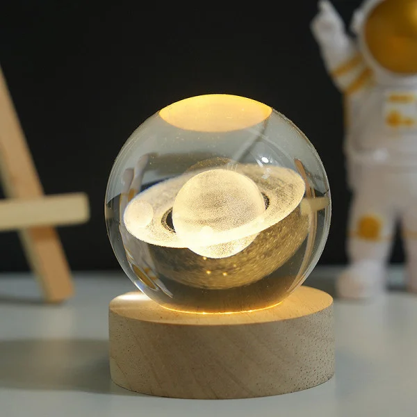 3D ночник 6 дюймов 8см Сатурн на деревянной подставке с LED подсветкой USB