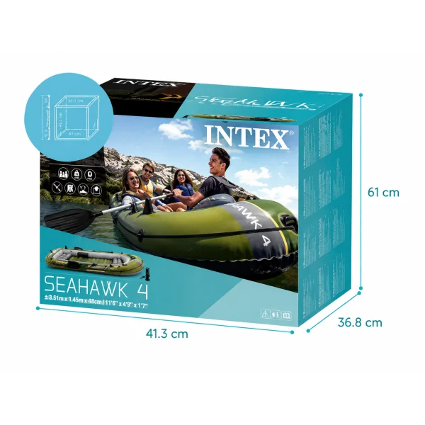 Четырёхместная надувная лодка Intex 66334 Seahawk 4 Set с вёслами и насосом, 351x145x48 см