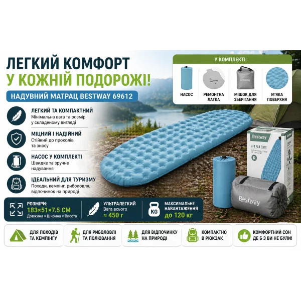 Туристический надувной матрас Bestway 69612 с насосом и чехлом