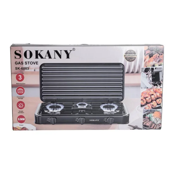 Настольная газовая плита Sokany SK-6003B на 3 конфорки (чёрная)