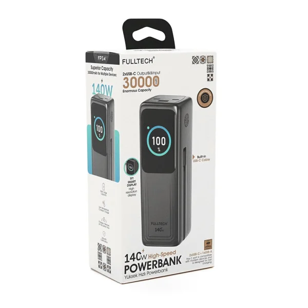 Powerbank Fulltech FP34 30000mAh, Fast charge PD140W, Li-pol, LCD Display, Вхід:Type-C, Виходи: 2xUSB Type-C, 1xUSB Type-A, USB Type-C Cable, Box