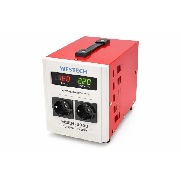Стабілізатор напруги Westech MSER 5000 VA-V2/3750W однофазний, сервопривід, монтажу підлоги, LED дисплей, діапазон 130-260V, AC230±3%, 2*Shuko