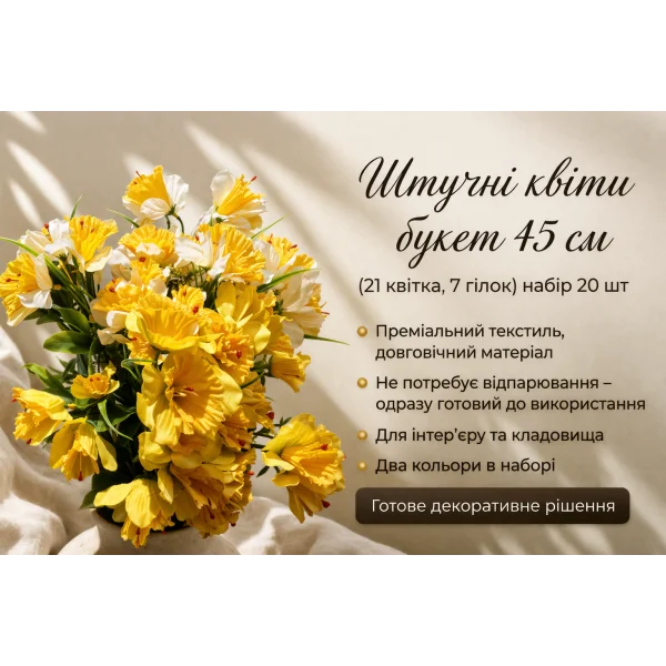 Штучний букет нарцисів, 45 см, 21 квітка, 7 гілок (текстиль)