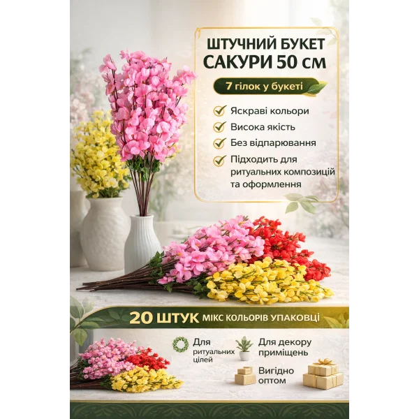 Штучний букет сакури 50 см, 7 гілок / 20 шт,яскраві кольори, без відпарювання