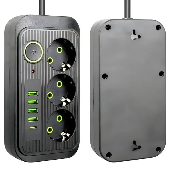 Мережевий подовжувач 3 метри з вимикачем, 4 USB, Type-C та 3 розетки 220В