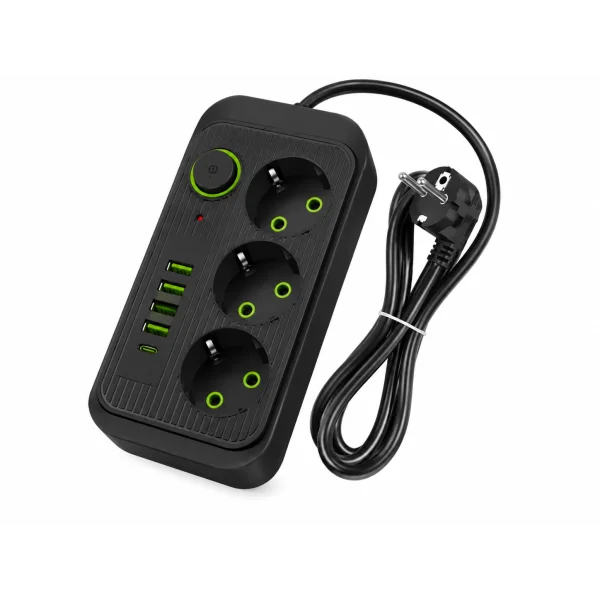 Мережевий подовжувач 3 метри з вимикачем, 4 USB, Type-C та 3 розетки 220В