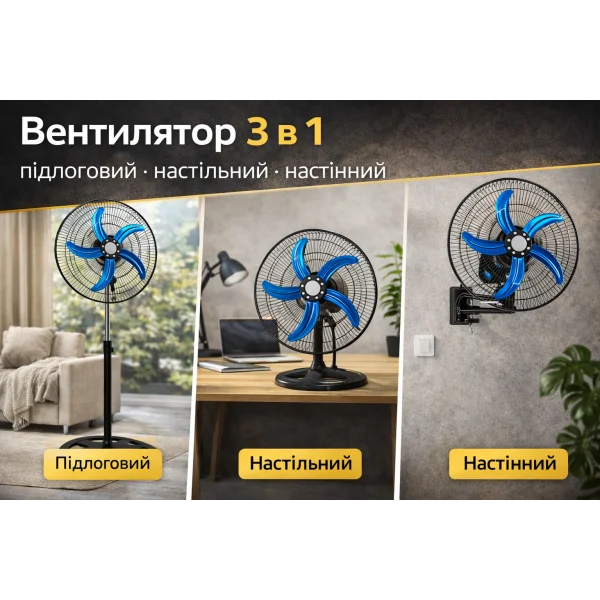 Потужний вентилятор 3 в 1 підлоговий / настільний / настінний 100 Вт з металевими лопатями, 3 швидкості, регулювання висоти та нахилу, 48 см