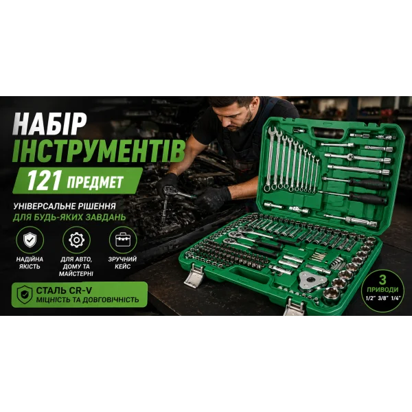 Універсальний набір інструментів 121 предмет у кейсі 121-24T (1/2", 3/8", 1/4")