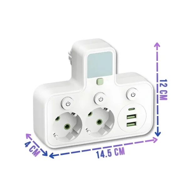 Мережевий фільтр-розгалужувач з нічником, 2 розетки EU та USB/Type-C