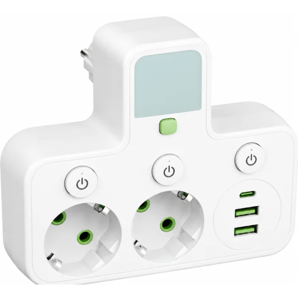 Мережевий фільтр-розгалужувач з нічником, 2 розетки EU та USB/Type-C