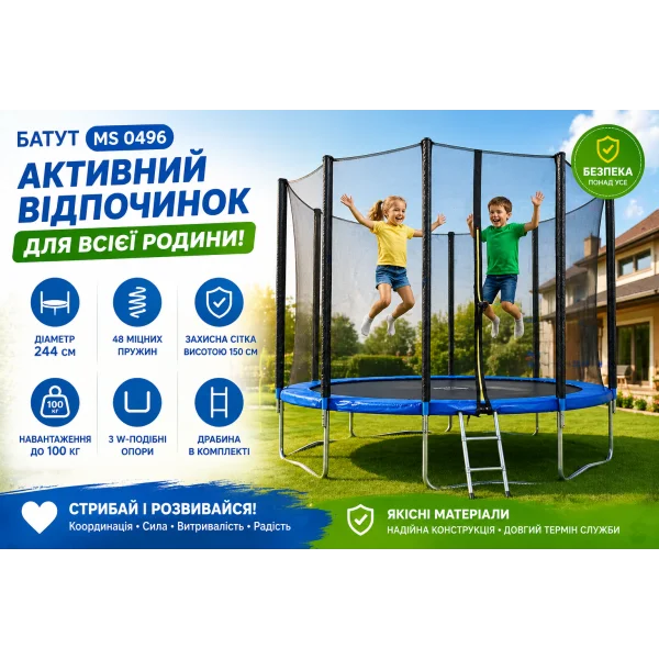 Батут MS 0496 244 см с сеткой и лестницей, детский садовый батут до 100 кг