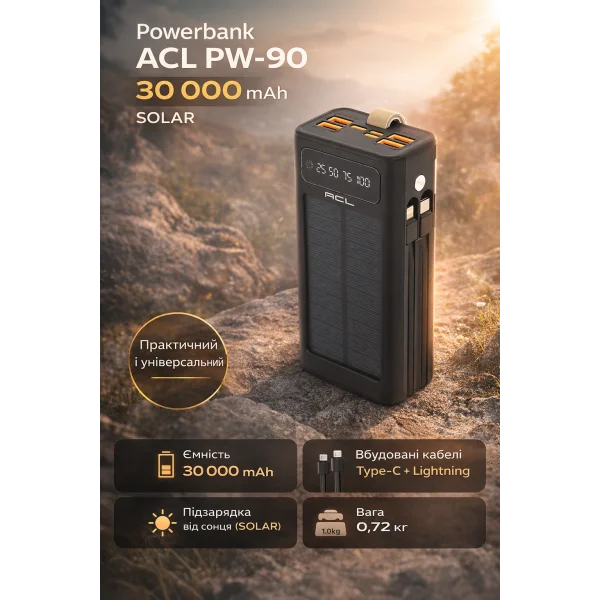 Powerbank ACL PW-90 30000mAh, SOLAR, Кабель TypeC + Lighting, 0,72kg, Black, Box