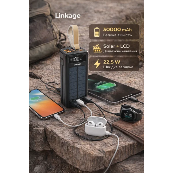 Power bank Linkage LKP-46, Solar 30000mAh, 22.5W, Кабелi Туре-С+Lighting, 0.70 kg, Black, Box