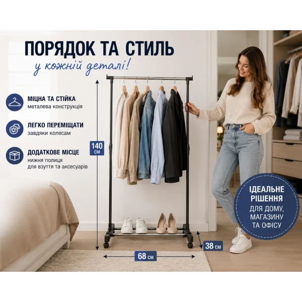 Стойка для одежды одинарная передвижная 140×68×38 см 8007