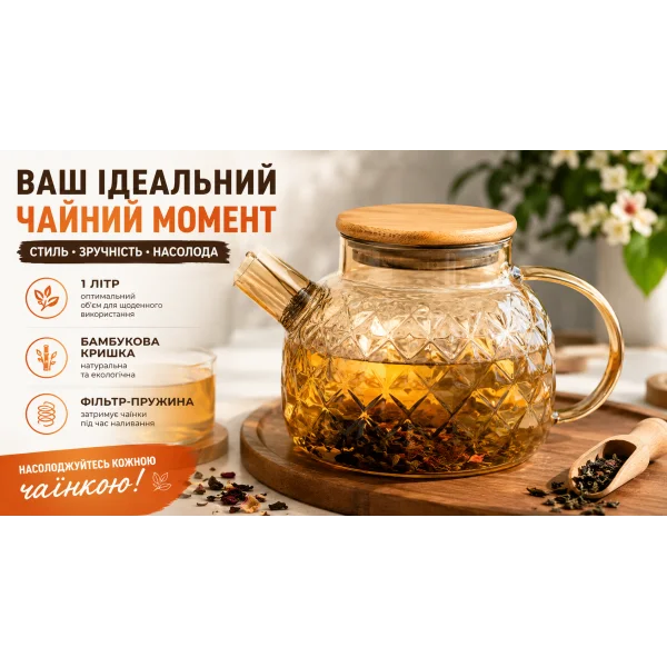 Чайник заварочный 1 л с бамбуковой крышкой стеклянный CH-1000ML