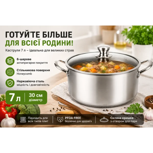 Кастрюля из нержавеющей стали 7 л 30 см с 6-слойным покрытием и крышкой 16749-34